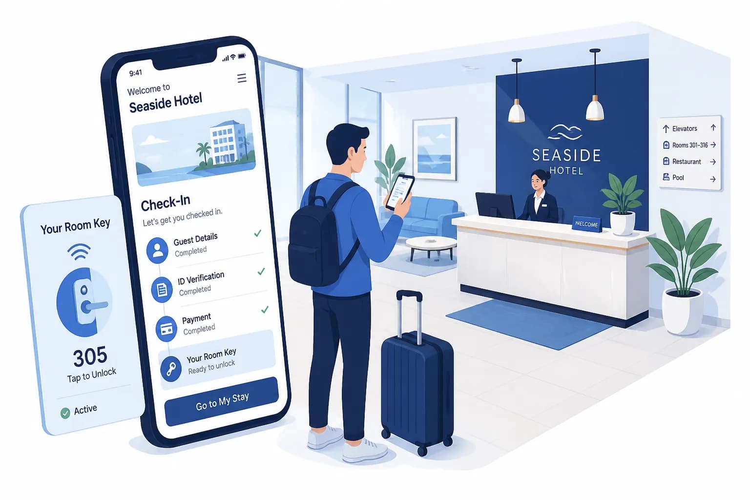 Flat illustration of a traveler using a smartphone hotel app for mobile check-in with a digital room key on screen