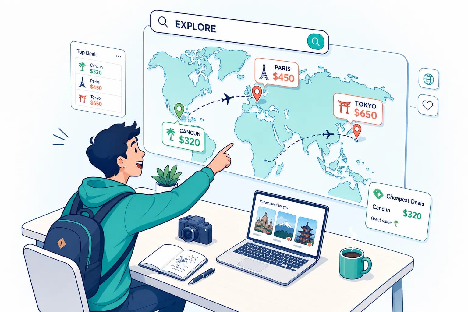Google Flights Explore map showing destination prices pinned to cities worldwide