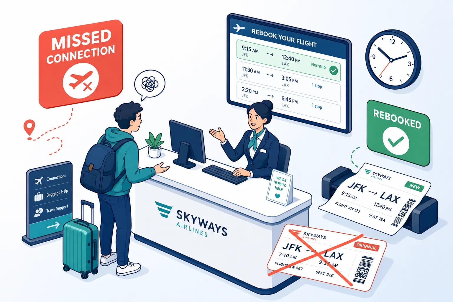 Traveler at an airline desk rebooking after a missed connection