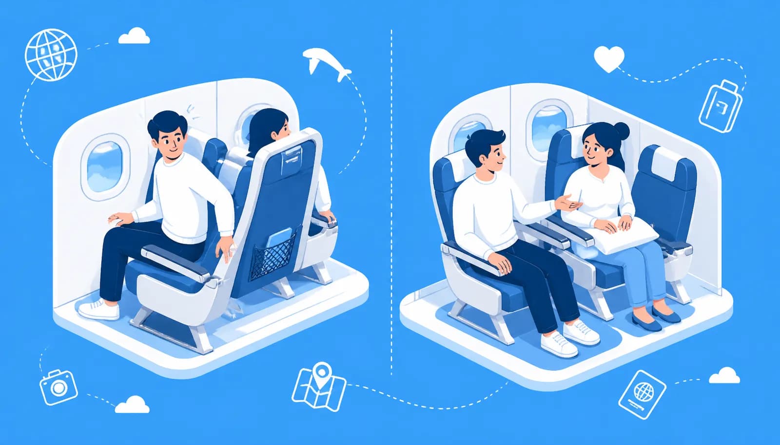 Illustration of airplane cabin etiquette scene showing passengers dealing with seat recline situations