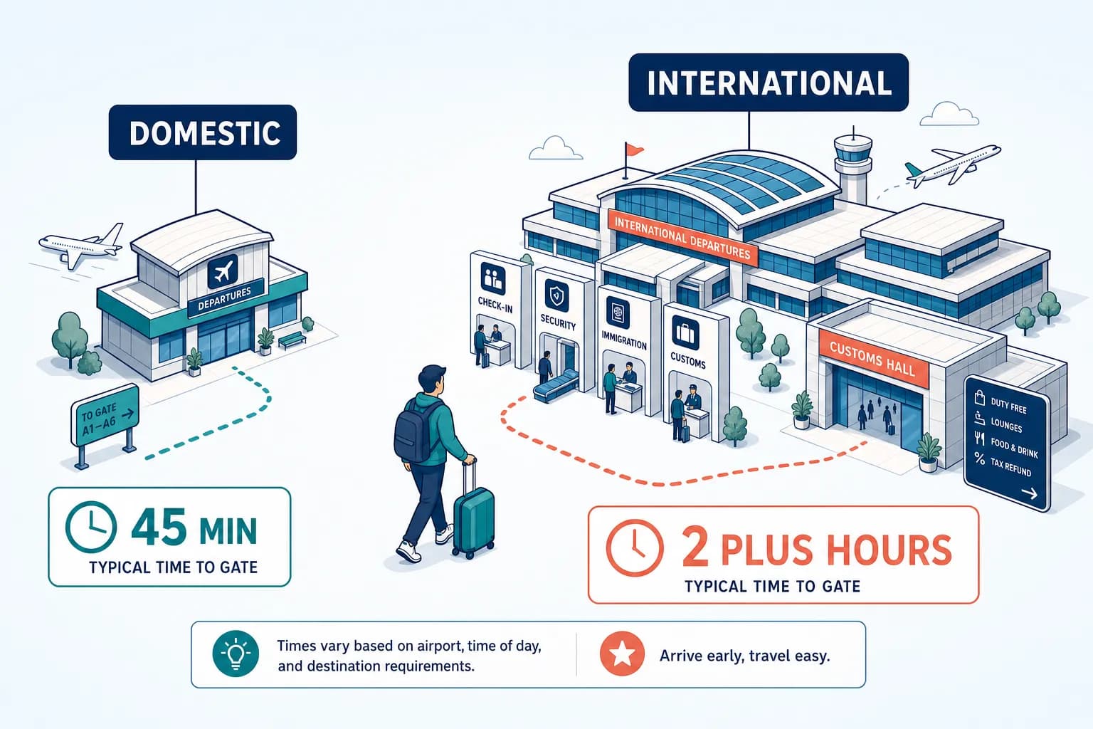 Comparison of typical minimum connection times for domestic versus international flights