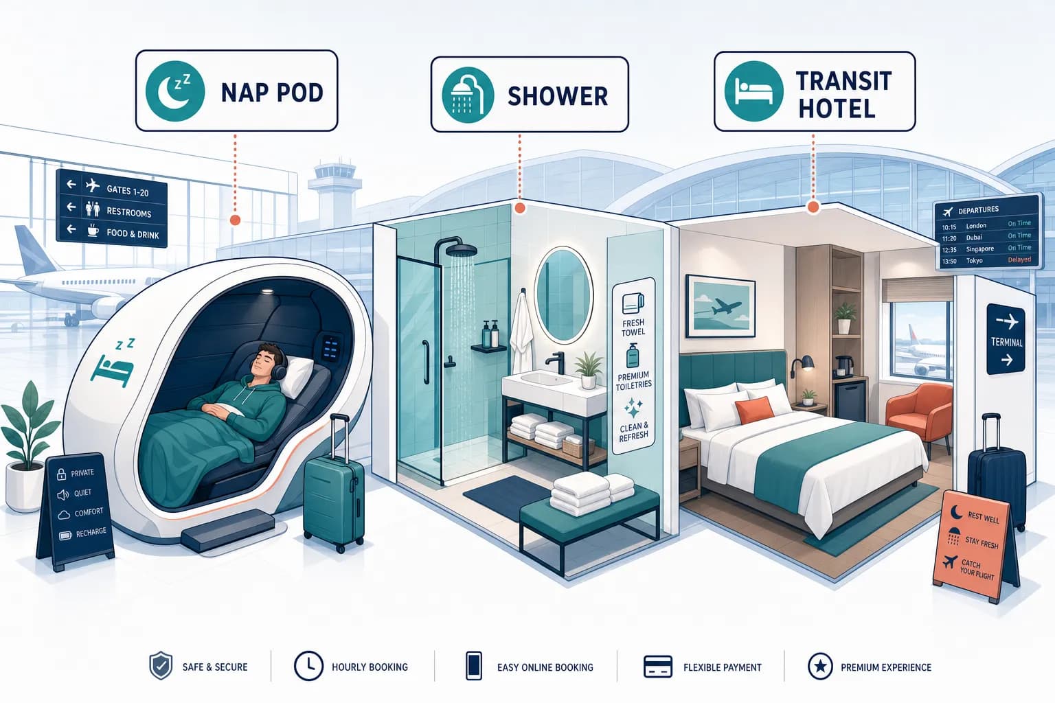 Airport sleep pods and shower facilities available to travelers on long layovers