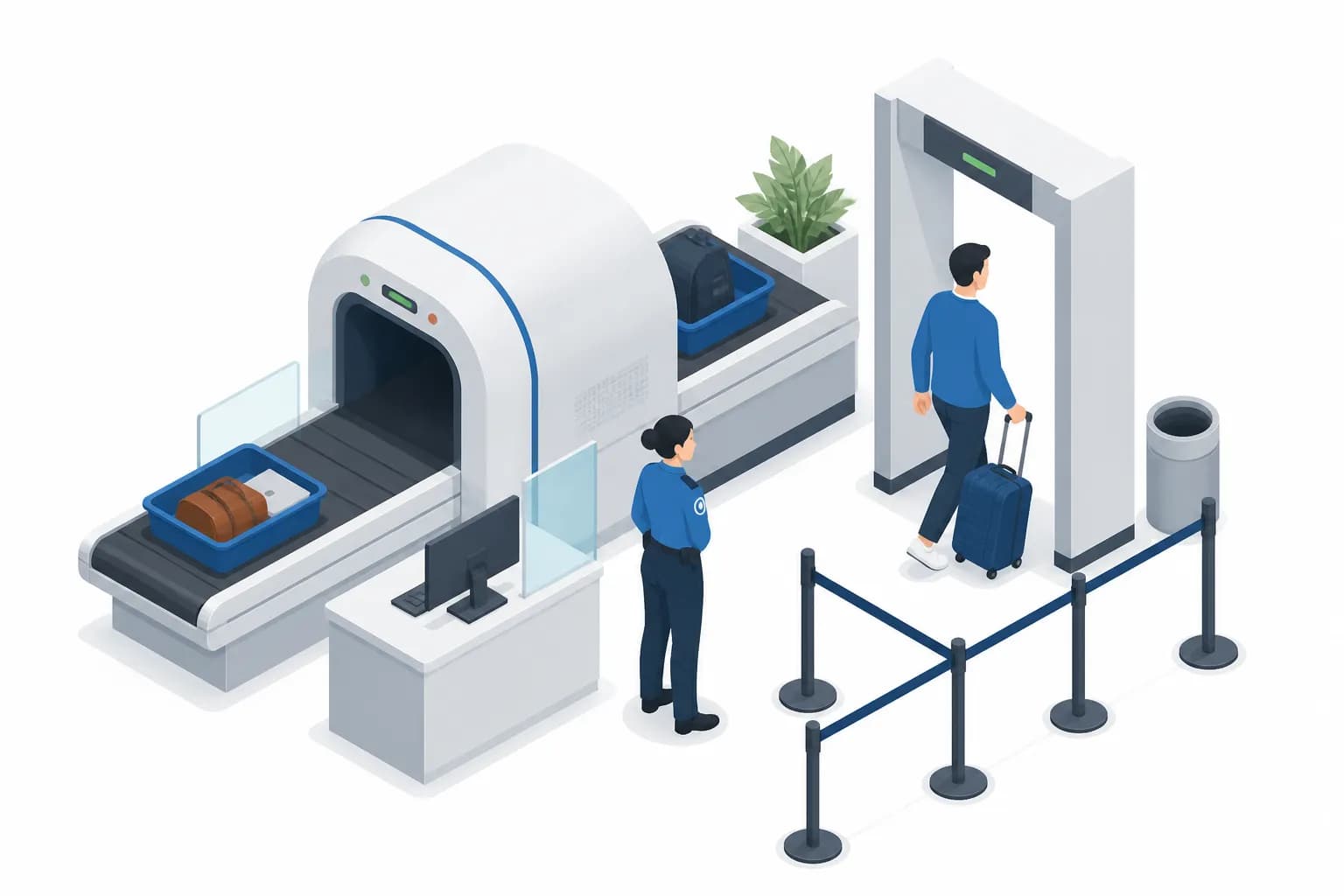 Traveler going through airport security checkpoint with carry-on bag
