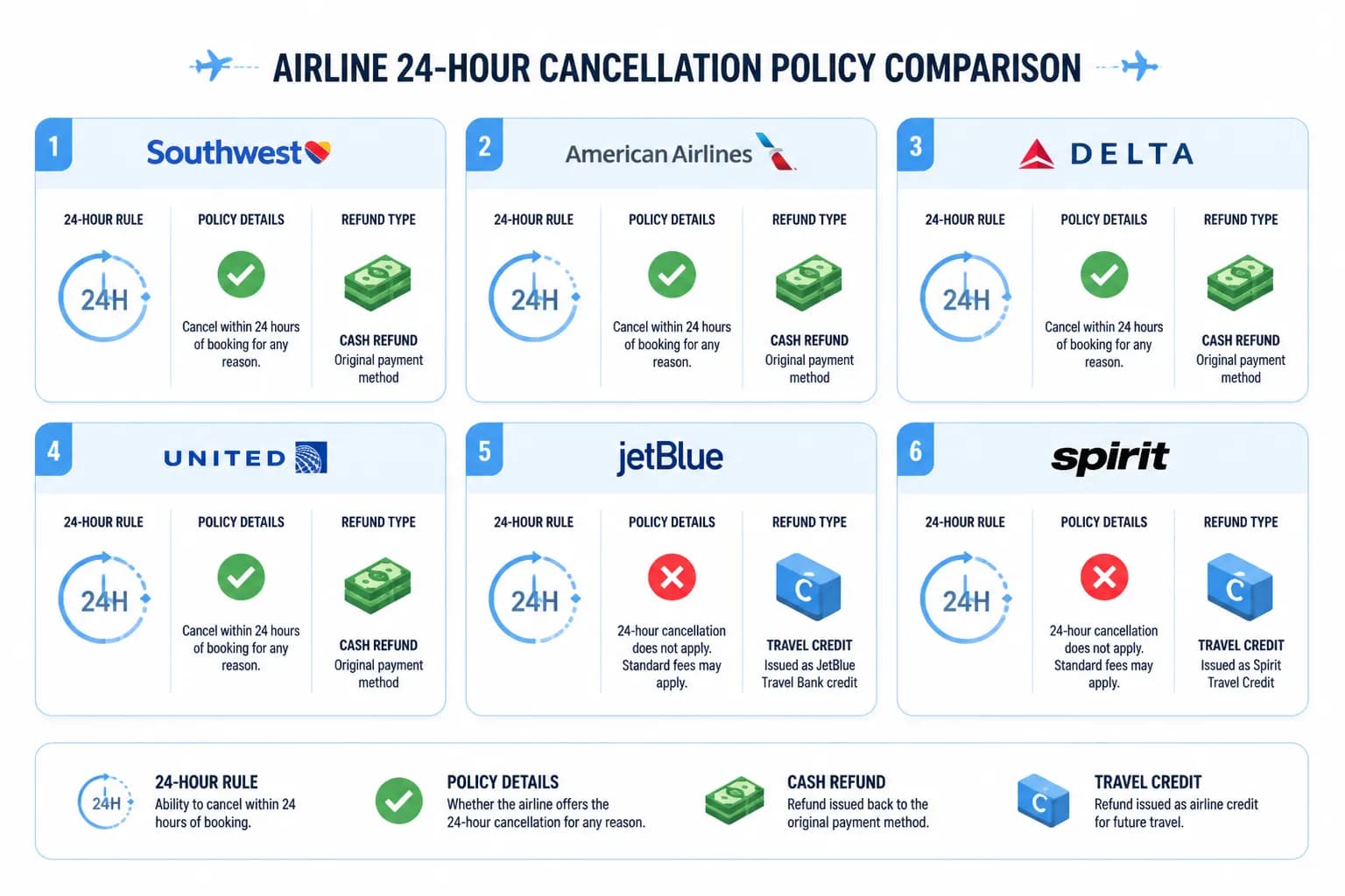Side-by-side comparison of airline 24-hour cancellation policies showing different refund methods and restrictions