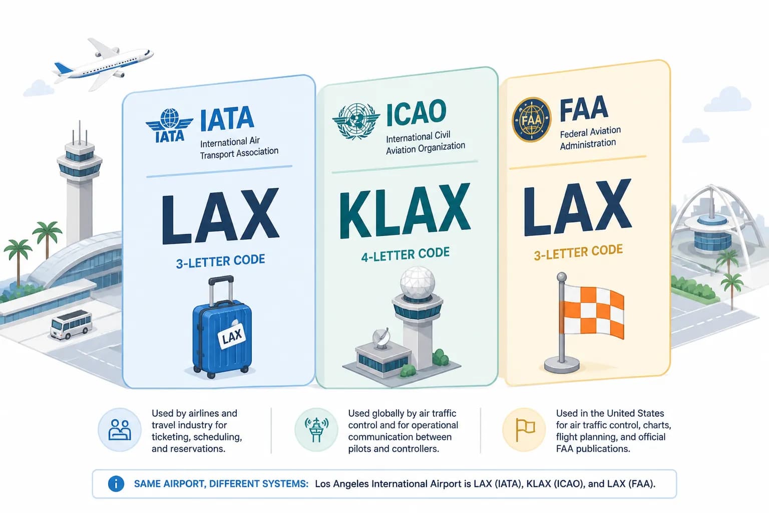 Comparison of IATA, ICAO, and FAA airport code systems showing different formats and uses