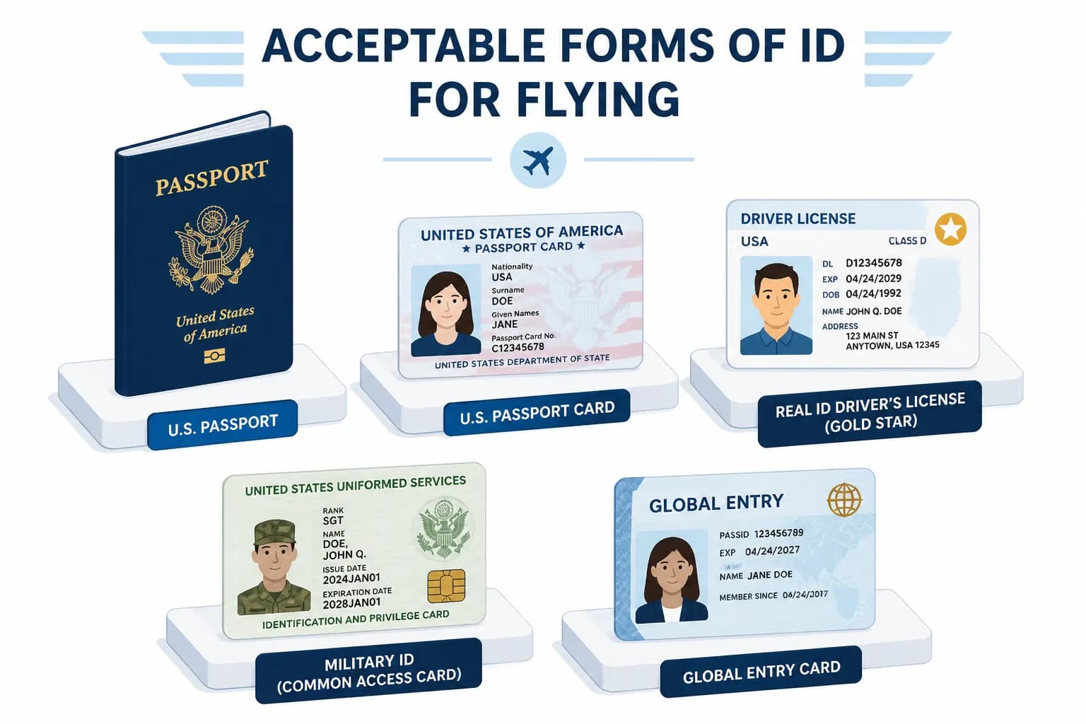 Illustrated guide showing a REAL ID card with a gold star marking and a TSA checkpoint