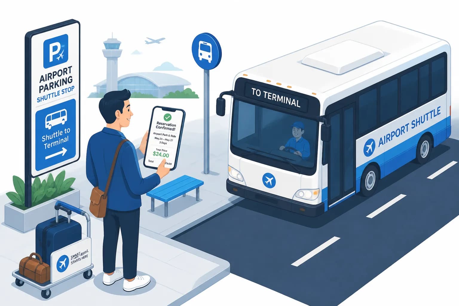 Flat illustration showing a traveler comparing transportation options at an airport including parking garage, shuttle bus, and rideshare pickup area