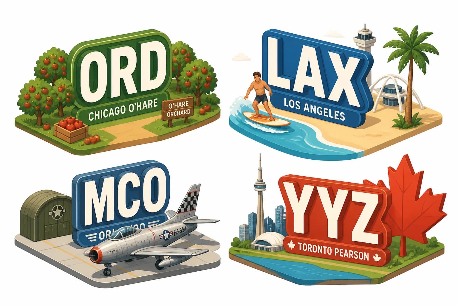 Illustrated guide to famous weird airport codes including ORD with an orchard, LAX with a surfer, MCO with a military jet, and YYZ with a Canadian flag