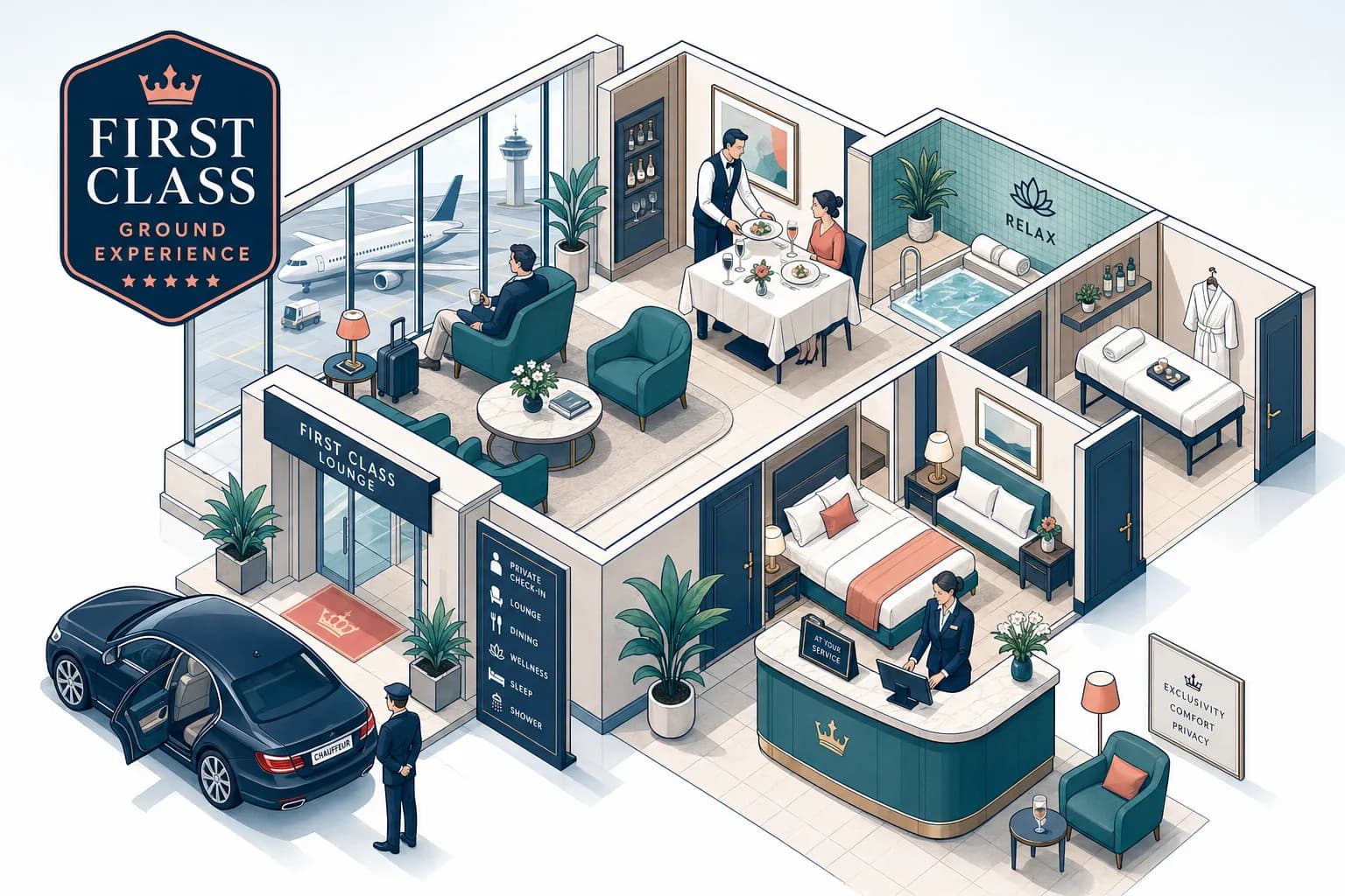 Illustration of exclusive first class airport lounge with fine dining, spa, and chauffeur service
