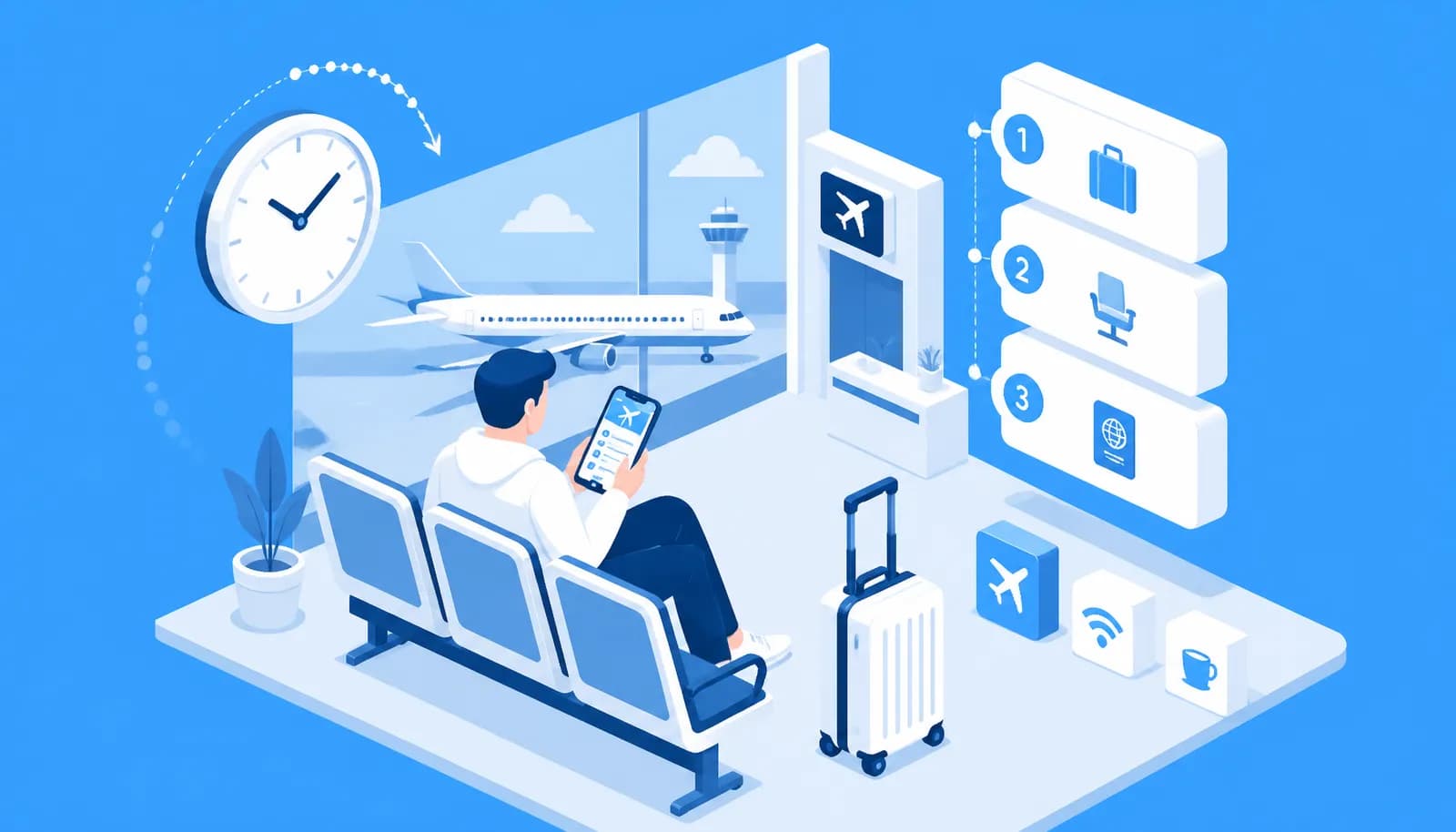 Illustration of non-revenue standby passengers waiting at an airport gate