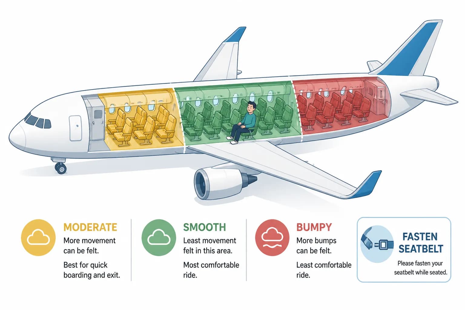 Airplane cross-section showing turbulence zones: smooth green zone over the wings, moderate yellow near front, bumpy red at the tail