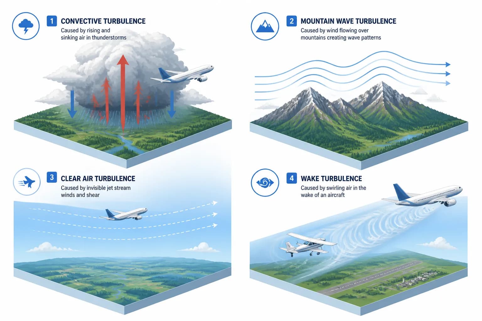 Four types of turbulence illustrated: convective near storms, clear-air in jet streams, mountain wave over terrain, and wake from aircraft