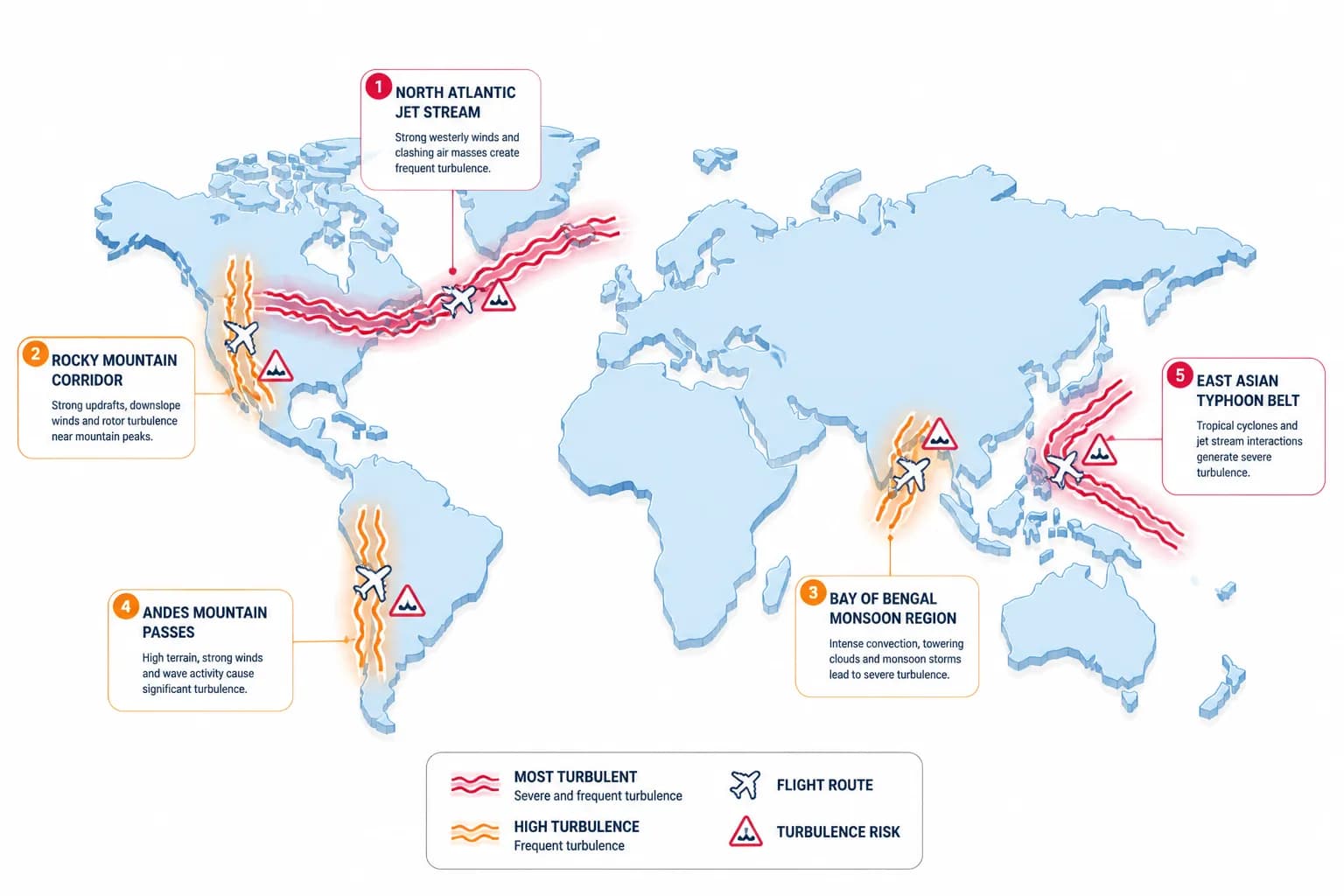 World map showing the most turbulent flight routes highlighted across the North Atlantic, Andes, Rockies, and Himalayan regions